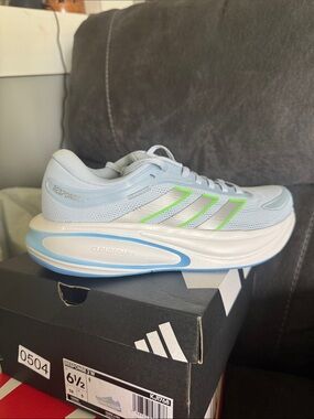 adidas Light Blue Running Shoe with Neon Green Stripes